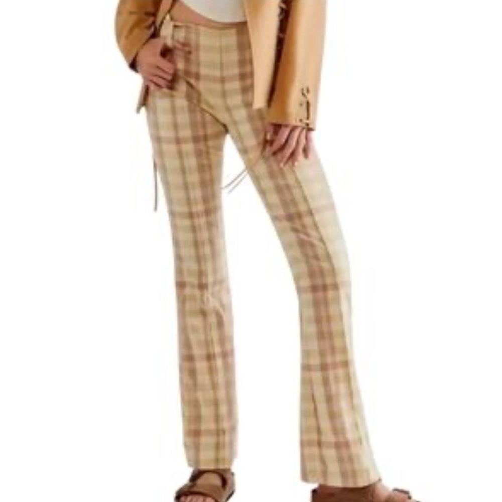 Free People The Way You Move Natural Plaid Flare Leg Cotton Linen Pants Size‎ 4